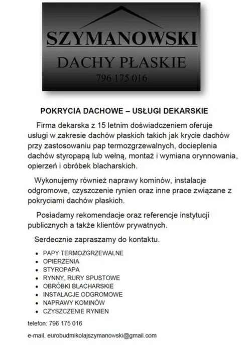 Usługi Dekarskie DEKARZ- DACHY PŁASKE-papa,styropapa,rynny