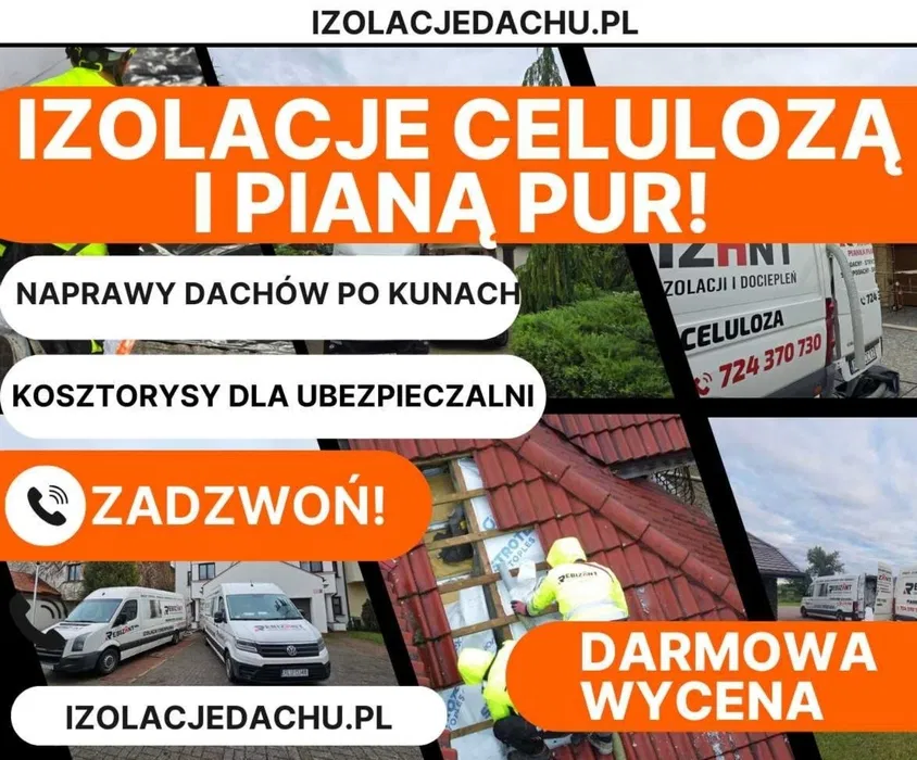 Naprawy dachów po kunach / kuna na dachu/Izolacje pianą PUR i celulozą