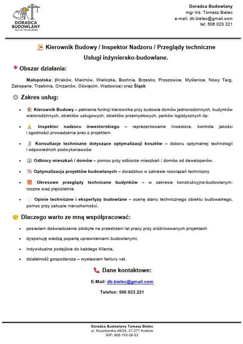 Nadzór budowlany/ Kierownik budowy/ Odbiory deweloperskie/ Doradztwo