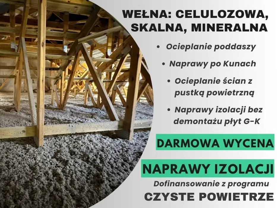 Ocieplanie domu poddasza wełna celulozowa naprawa izolacji po kunach