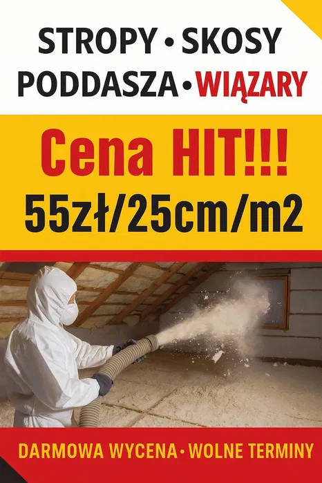 Wdmuchiwanie wełny szklanej i celulozy. Ocieplenia poddaszy. Gniezno.