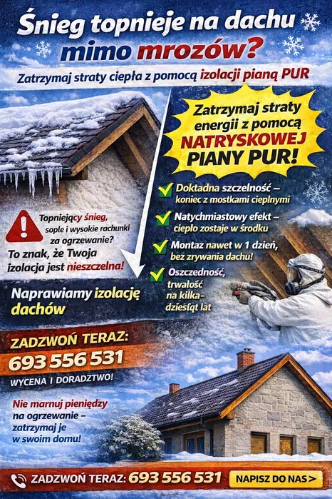 Izolacje Natryskowe Piana Pur od 30 zl netto, poddasza, piwnice, funda
