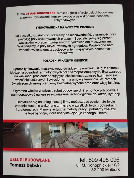 Posadzki anhydrytowe , tynki maszynowe. Wolne terminy .