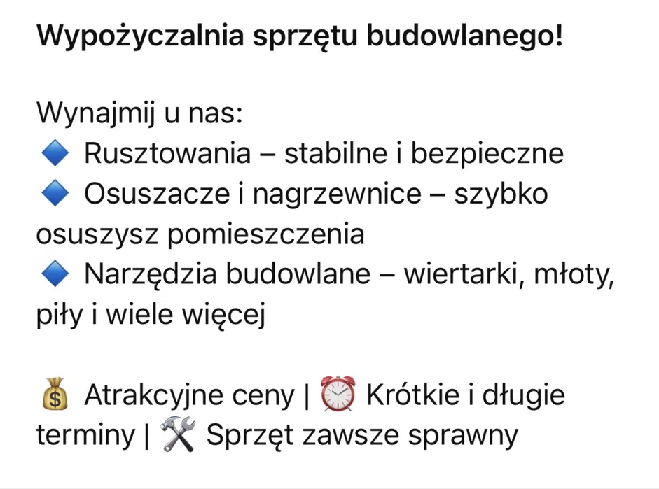 Wypożyczalnia sprzetu budowlanego(wynajem rusztowań,osuszaczy itp.)